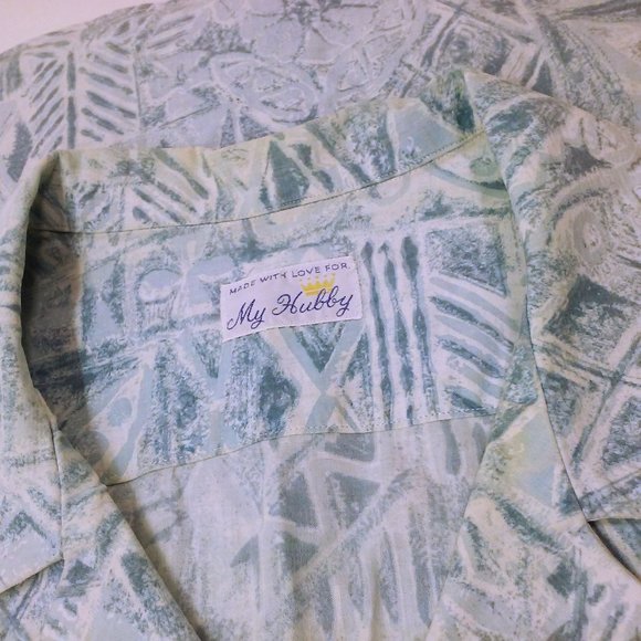 Vintage 80s Aloha Shirt Handmade 'My Hubby' L/XL Pocket Lapel Tropical Abstract - Picture 9 of 11